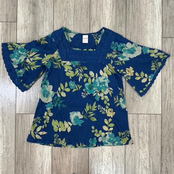 Blair Floral Print Tunic Top Crochet Trim Bell Sleeve Bohemian Blue M - Picture 2 of 5